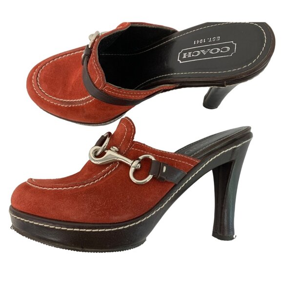 Coach Cleo Red Suede High Heel Mule Shoe Size 6.5M Platform 7938 Buckle Italy - Picture 8 of 9